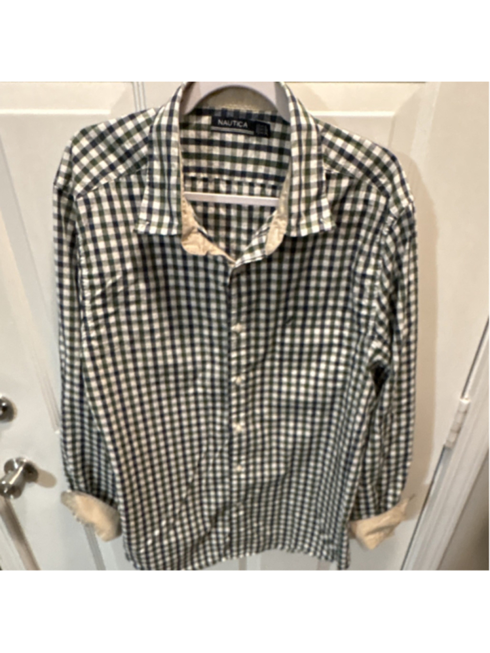 Nautica XL Check Long Sleeve Button-Up Shirt Cotton Pockets Green Blue White